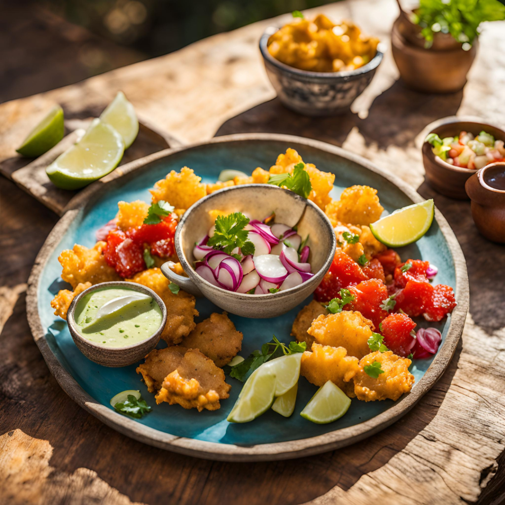 conch fritters, seafood ceviche, and a side of fried funchi 